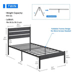 Cadre de lit plateforme Javlergo avec tête de lit en bois, sommier à lattes métalliques robustes, sans sommier tapissier, noir