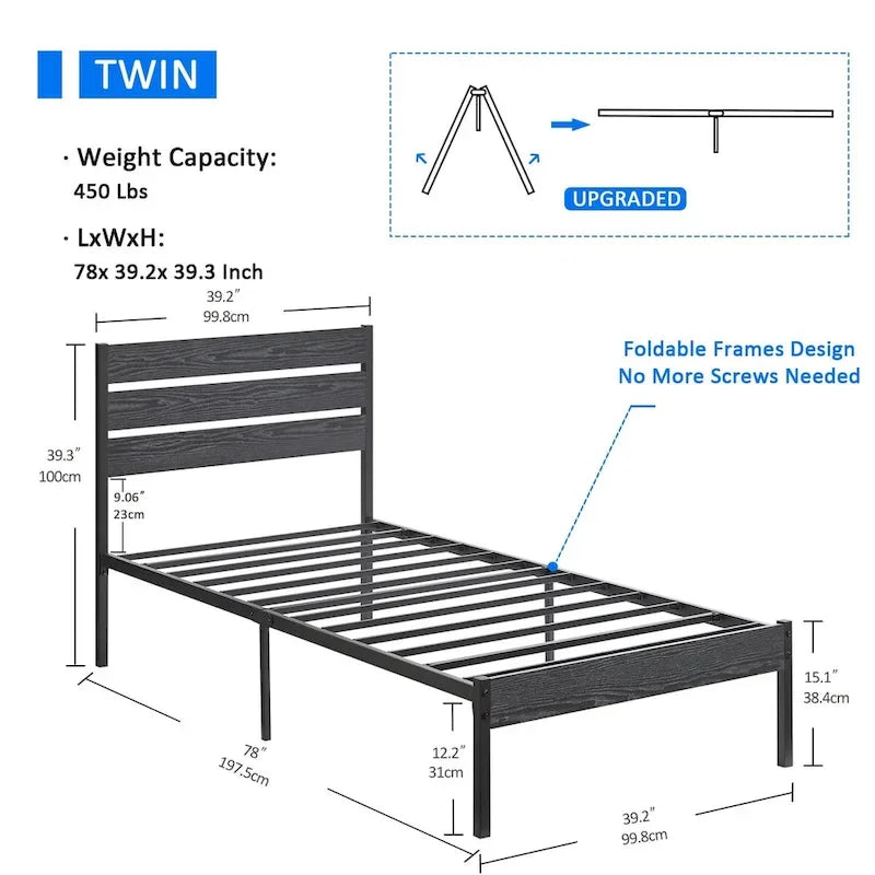Cadre de lit plateforme Javlergo avec tête de lit en bois, sommier à lattes métalliques robustes, sans sommier tapissier, noir