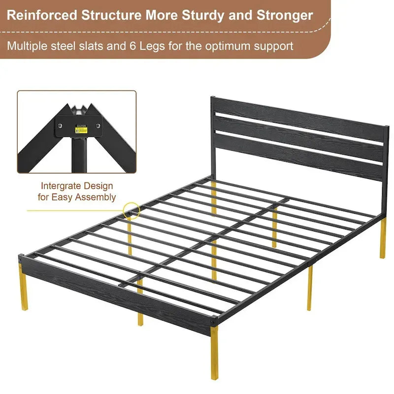 Cadre de lit plateforme Javlergo avec tête de lit en bois, sommier à lattes métalliques robustes, sans sommier tapissier, noir