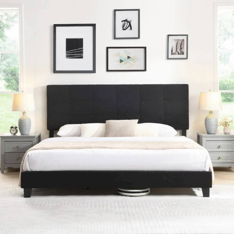 King Size Upholstered Platform Bed Frame with Linen Fabric Headboard,Black