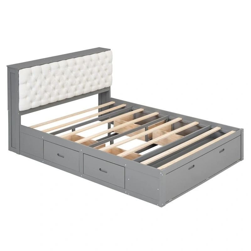 Lit plateforme avec tête de lit de rangement, étagère à chaussures et 4 tiroirs