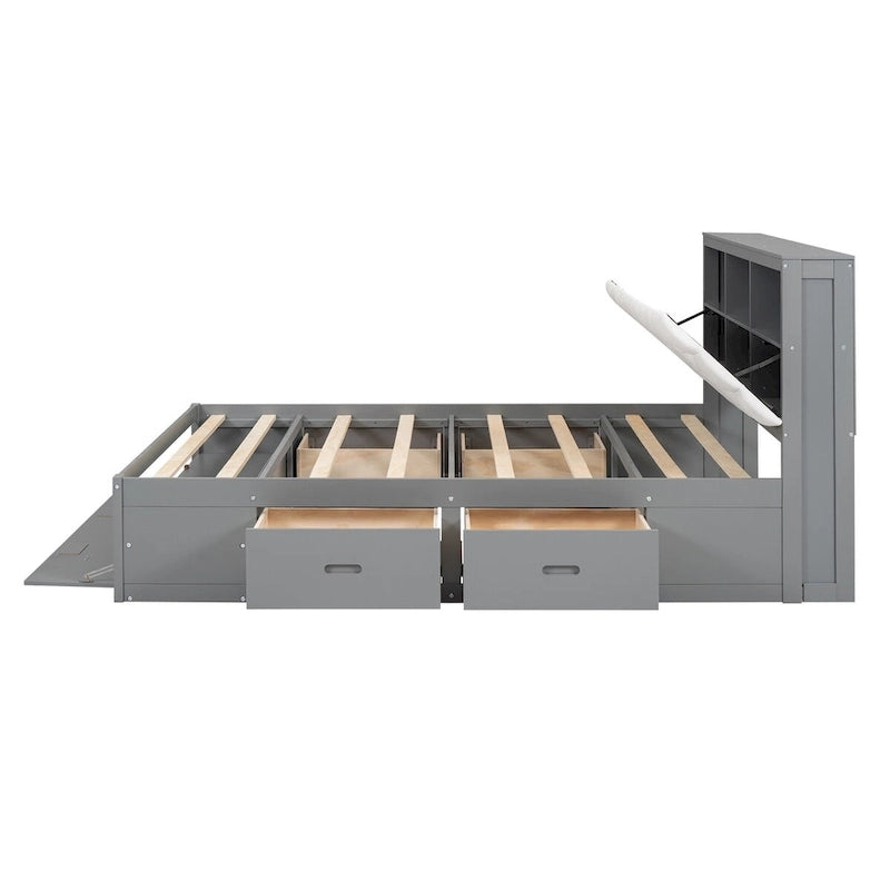Lit plateforme avec tête de lit de rangement, étagère à chaussures et 4 tiroirs