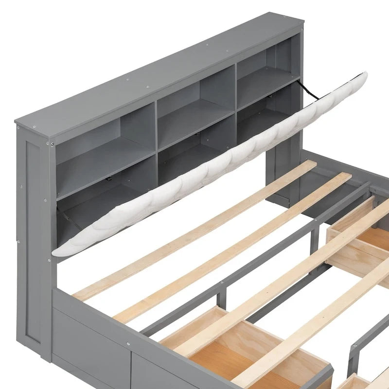 Lit plateforme avec tête de lit de rangement, étagère à chaussures et 4 tiroirs