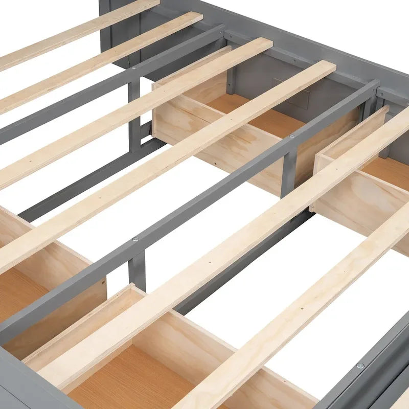 Lit plateforme avec tête de lit de rangement, étagère à chaussures et 4 tiroirs