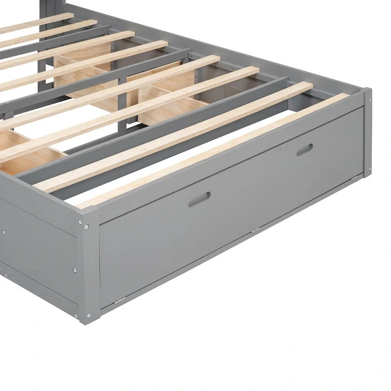 Lit plateforme avec tête de lit de rangement, étagère à chaussures et 4 tiroirs