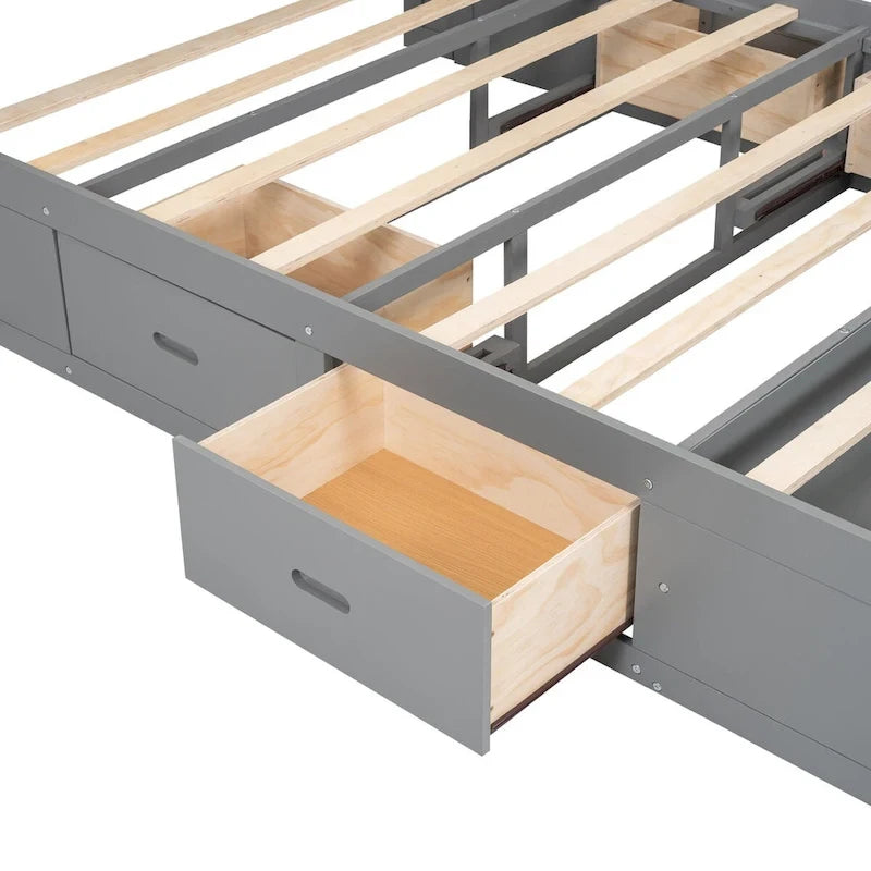 Lit plateforme avec tête de lit de rangement, étagère à chaussures et 4 tiroirs