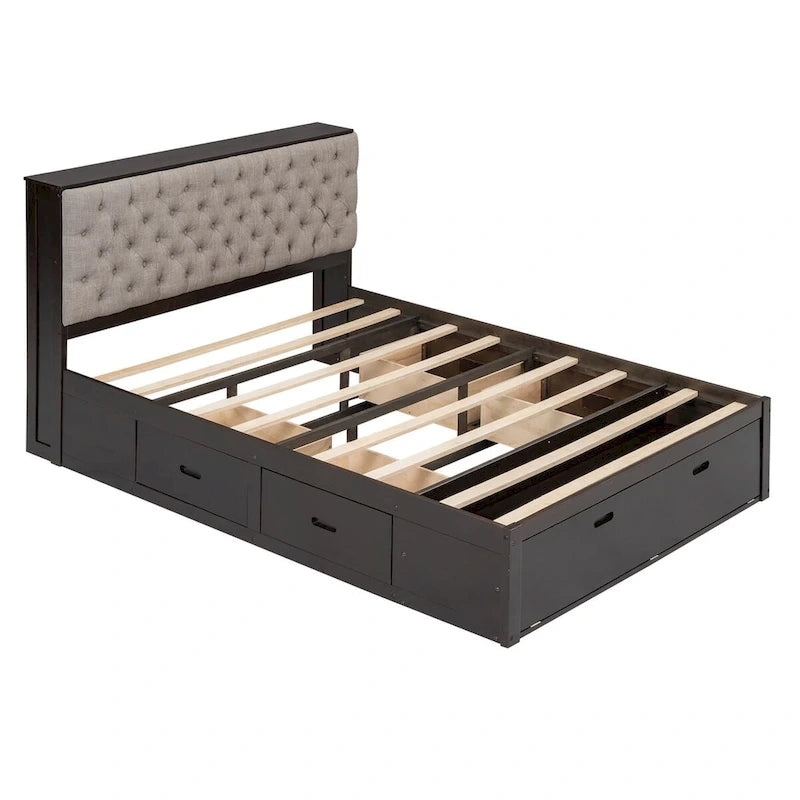 Lit plateforme avec tête de lit de rangement, étagère à chaussures et 4 tiroirs