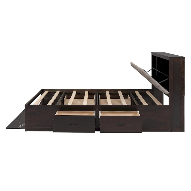 Lit plateforme avec tête de lit de rangement, étagère à chaussures et 4 tiroirs