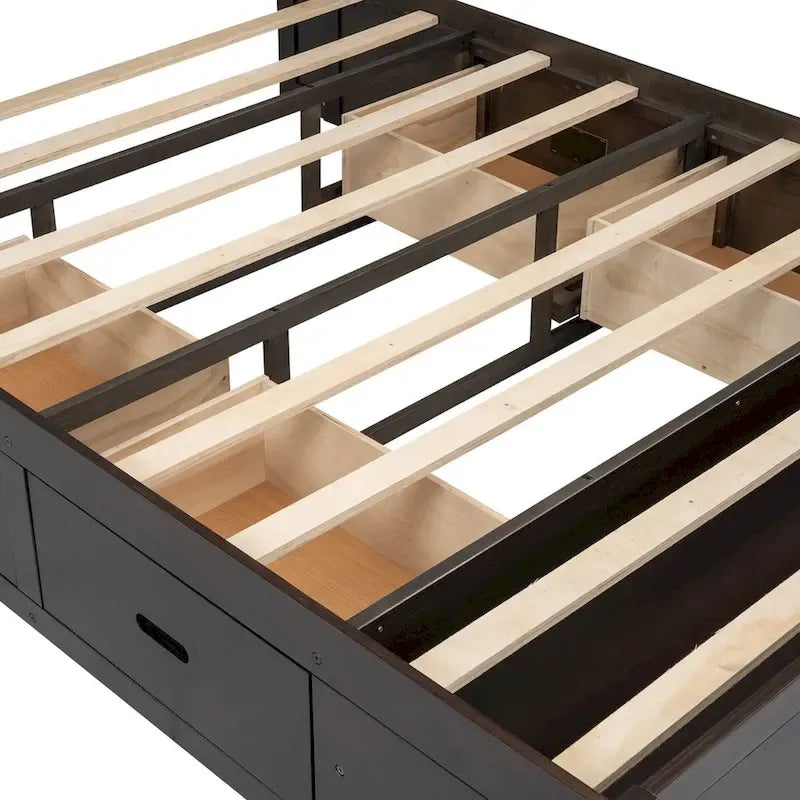 Lit plateforme avec tête de lit de rangement, étagère à chaussures et 4 tiroirs