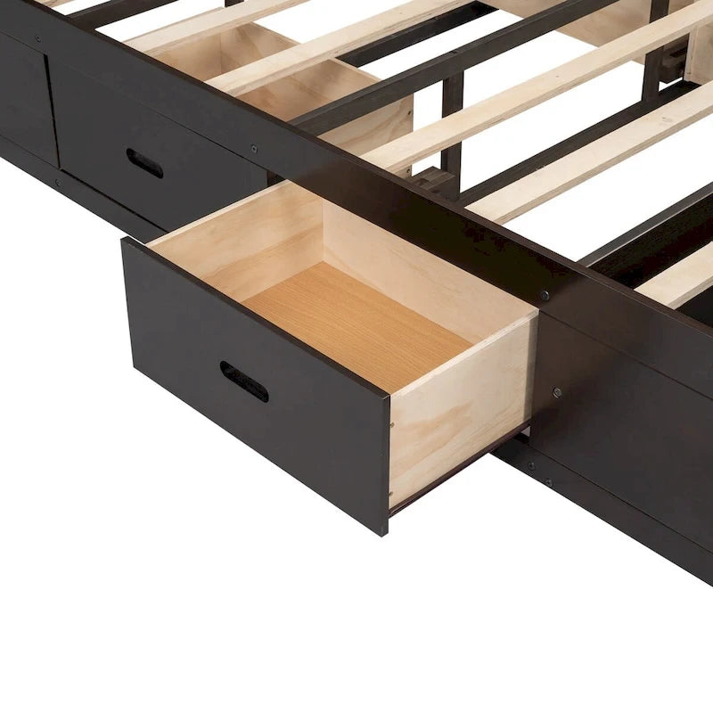 Lit plateforme avec tête de lit de rangement, étagère à chaussures et 4 tiroirs