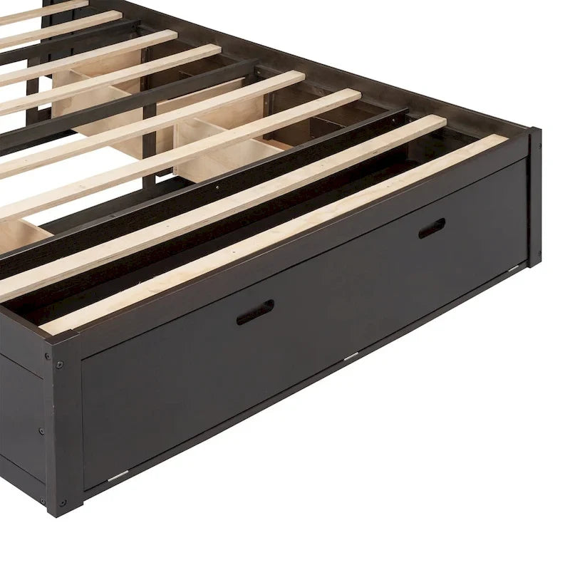 Lit plateforme avec tête de lit de rangement, étagère à chaussures et 4 tiroirs