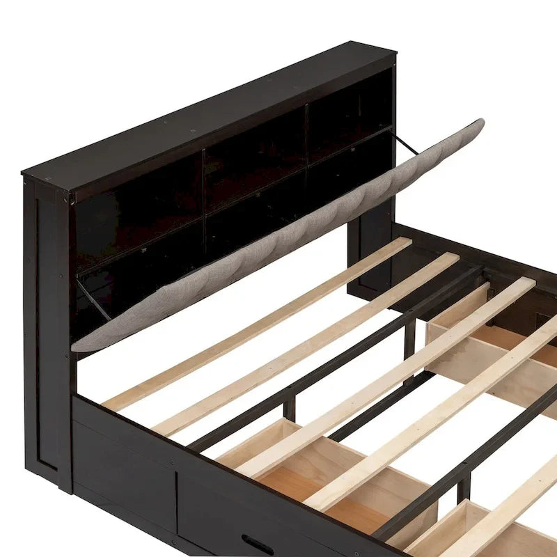 Lit plateforme avec tête de lit de rangement, étagère à chaussures et 4 tiroirs