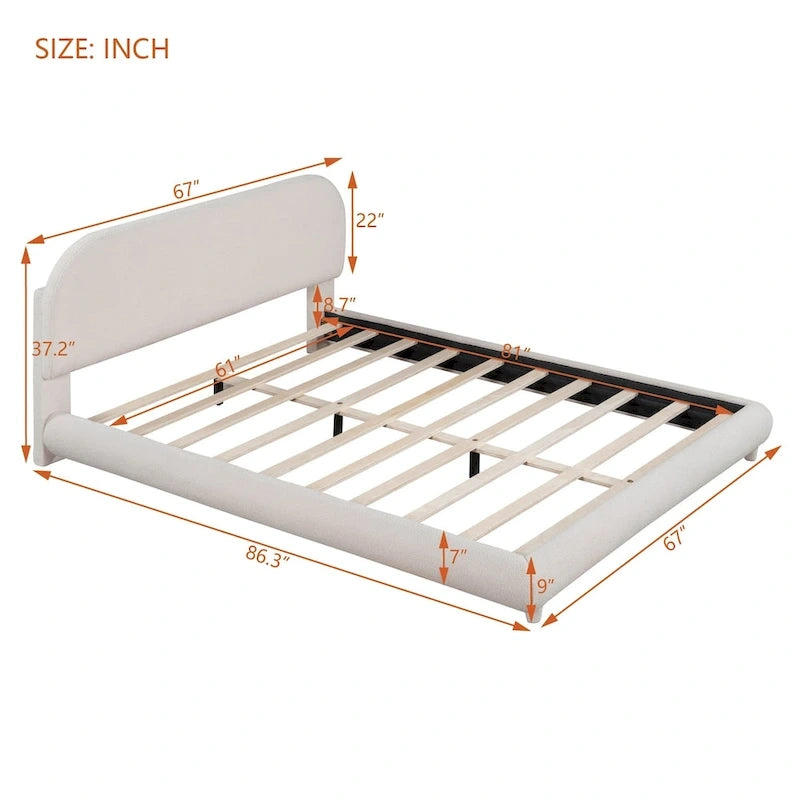 Lit plateforme rembourré Teddy Fleece Queen Size avec tissu épais, cadre solide et design élégant en forme de courbe