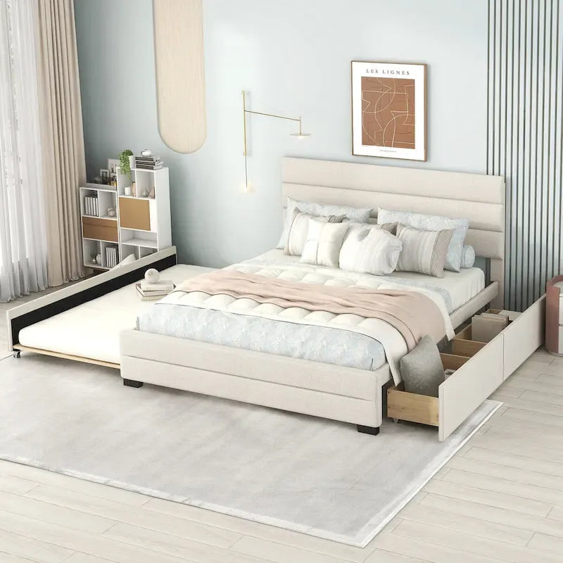 Queen Size Linen Upholstered Platform Bed with Twin Size Trundle Bed and Two Storage Drawers, Upholstered Headboard