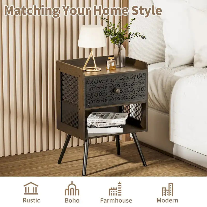 Table de chevet en bois avec pieds en métal, ensemble de 2