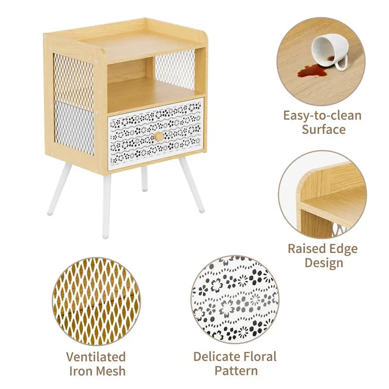 Table de chevet en bois avec pieds en métal, ensemble de 2
