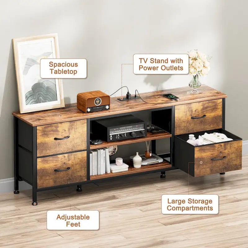 Dresser TV Stand with Power Outlet 4 Fabric Drawers for 60 TV Bedroom
