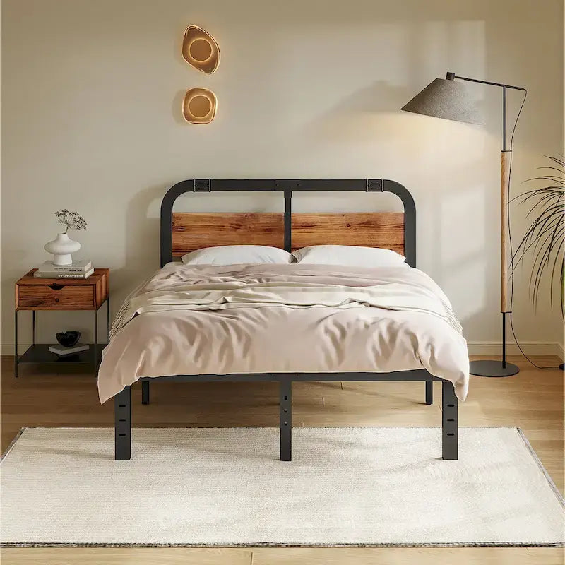 Bed Frame 14 Inch Rustic Wood Headboard, Heavy Duty Steel Slats Support, No Box Spring Needed