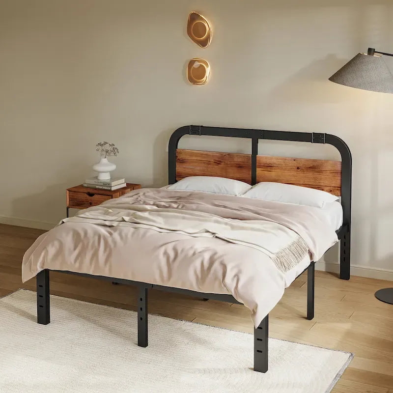 Cadre de lit avec tête de lit rustique en bois de 35,5 cm (14 pouces), support à lattes en acier robuste, aucun sommier requis.