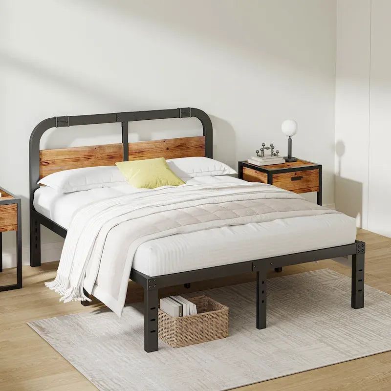 Cadre de lit avec tête de lit rustique en bois de 35,5 cm (14 pouces), support à lattes en acier robuste, aucun sommier requis.