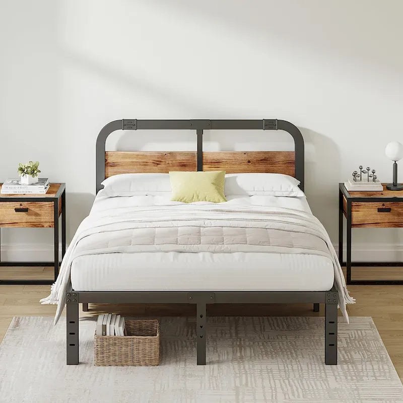 Cadre de lit avec tête de lit rustique en bois de 35,5 cm (14 pouces), support à lattes en acier robuste, aucun sommier requis.