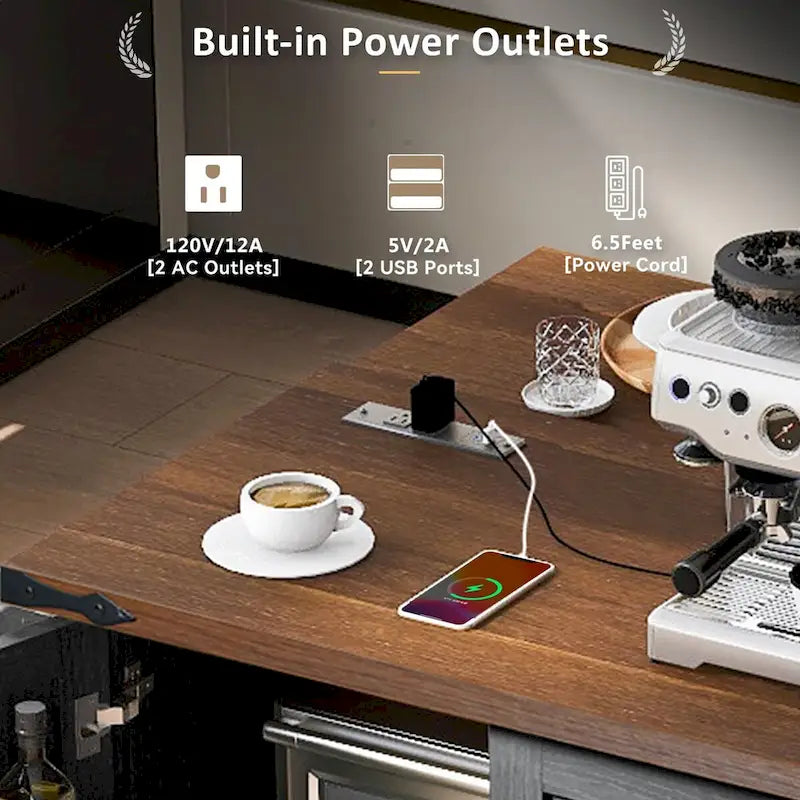 Îlot de cuisine de style campagnard de 54,5 pouces avec prises électriques, chariot de cuisine à roulettes