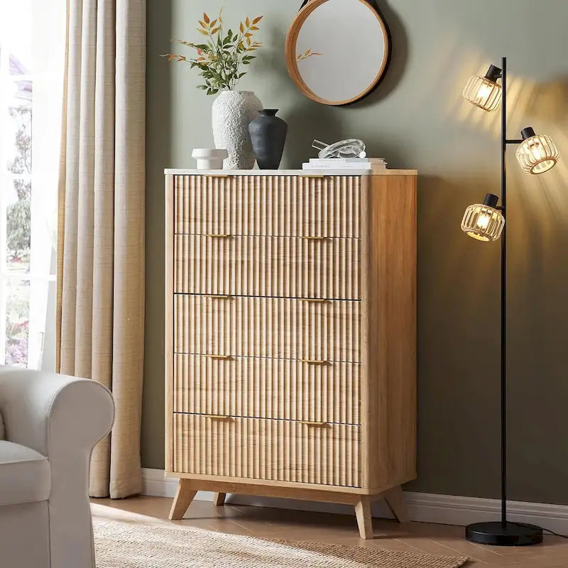 Modern Fluted 5 Drawers Dresser, Chest of Drawers, Dresser TV Stand