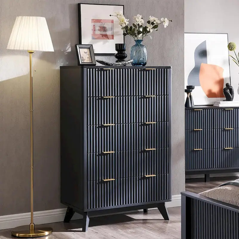 Commode moderne à 5 tiroirs cannelés, meuble TV