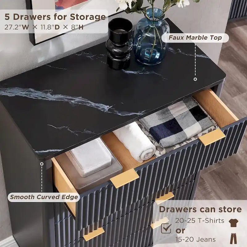 Commode moderne à 5 tiroirs cannelés, meuble TV