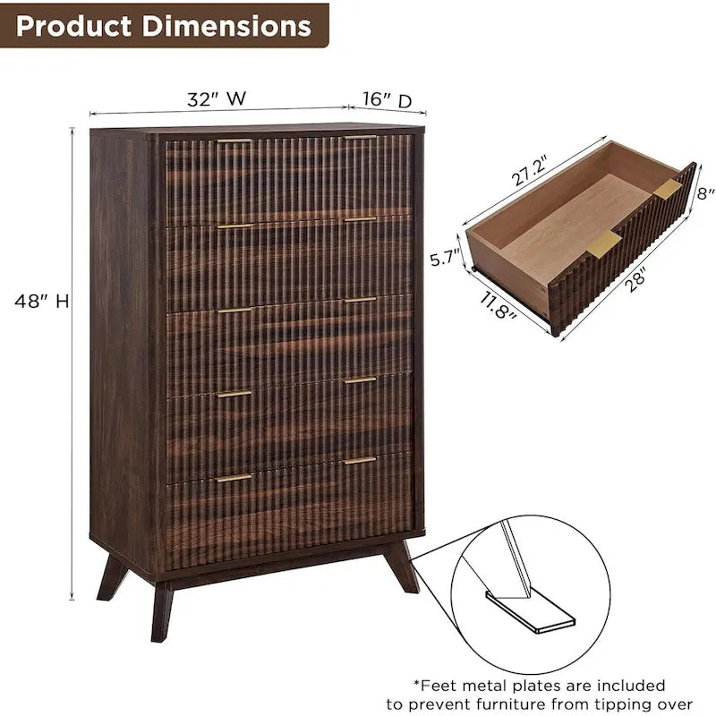 Commode moderne à 5 tiroirs cannelés, meuble TV