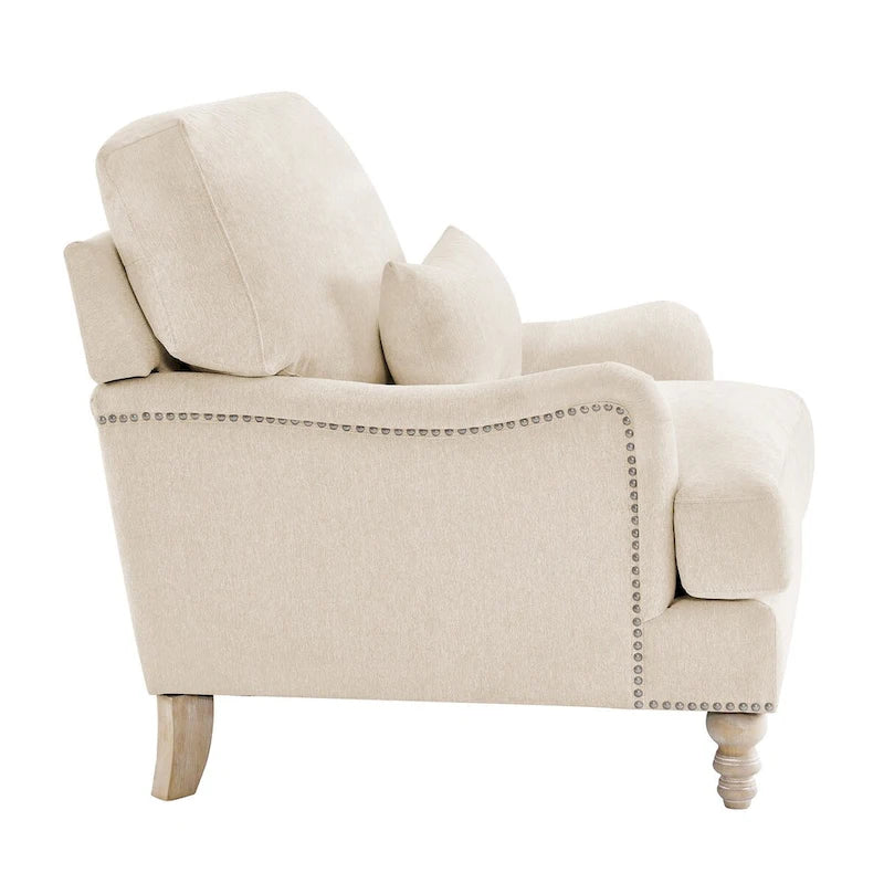 Fauteuil d'appoint moderne avec accoudoirs, structure en bois massif et coussin lombaire, pour salon