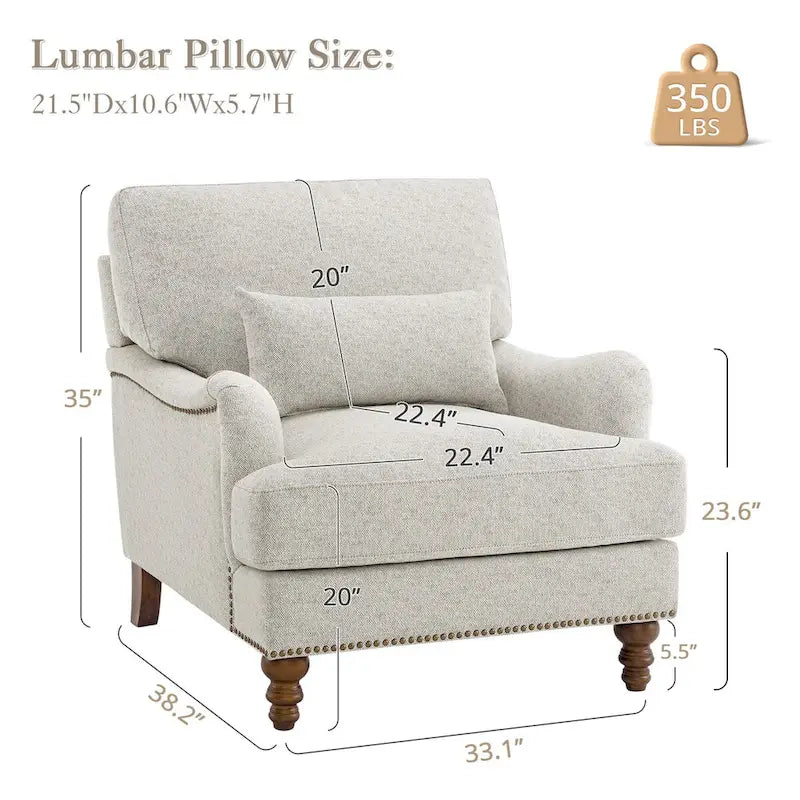 Fauteuil d'appoint moderne avec accoudoirs, structure en bois massif et coussin lombaire, pour salon