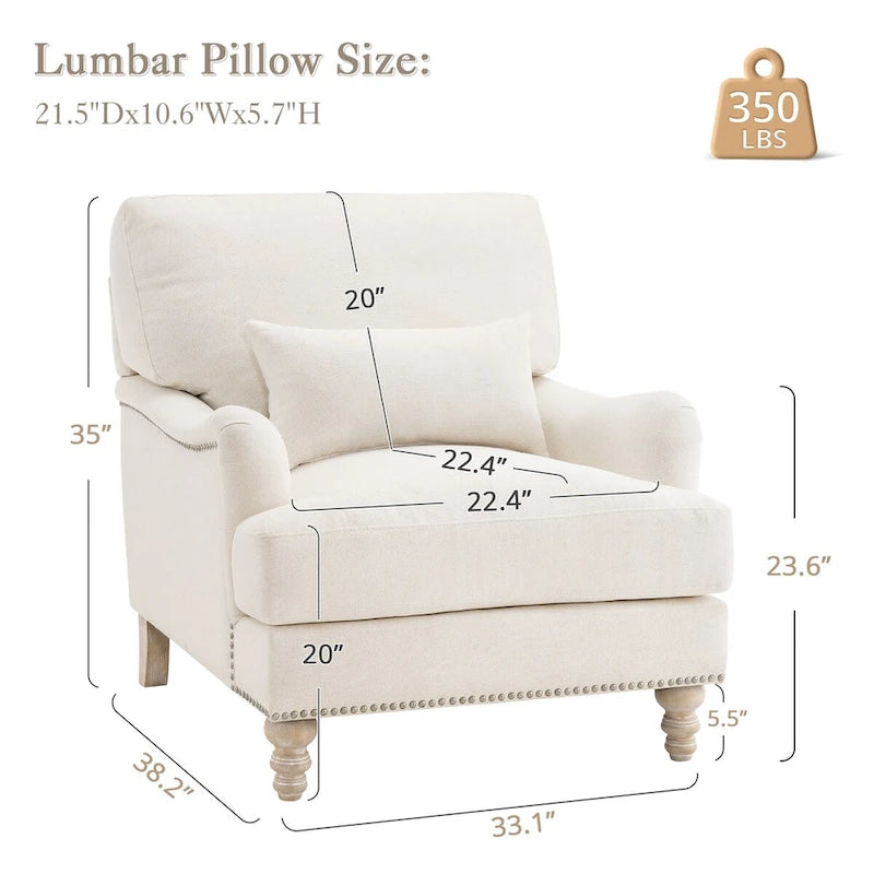 Fauteuil d'appoint moderne avec accoudoirs, structure en bois massif et coussin lombaire, pour salon