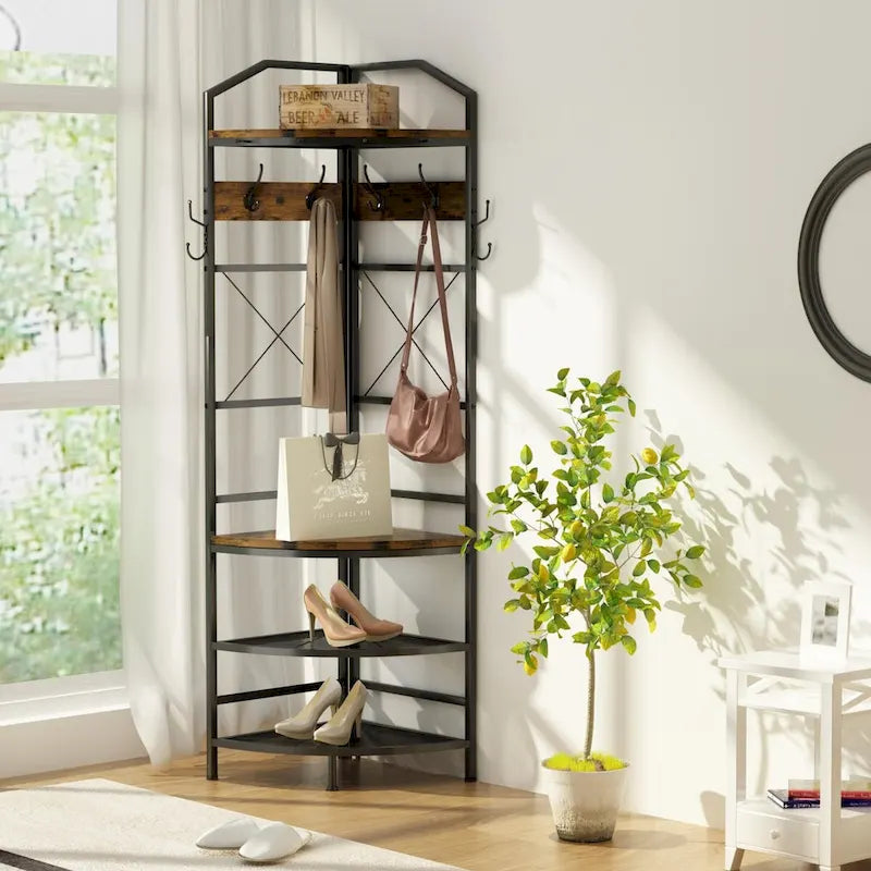 Porte-manteau d'angle avec rangement pour chaussures, porte-manteau d'entrée avec 6 crochets doubles, étagère à chaussures de rangement pour entrée, couloir, chambre