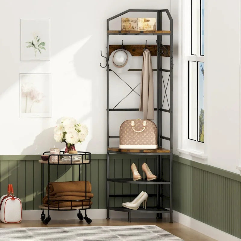 Porte-manteau d'angle avec rangement pour chaussures, porte-manteau d'entrée avec 6 crochets doubles, étagère à chaussures de rangement pour entrée, couloir, chambre