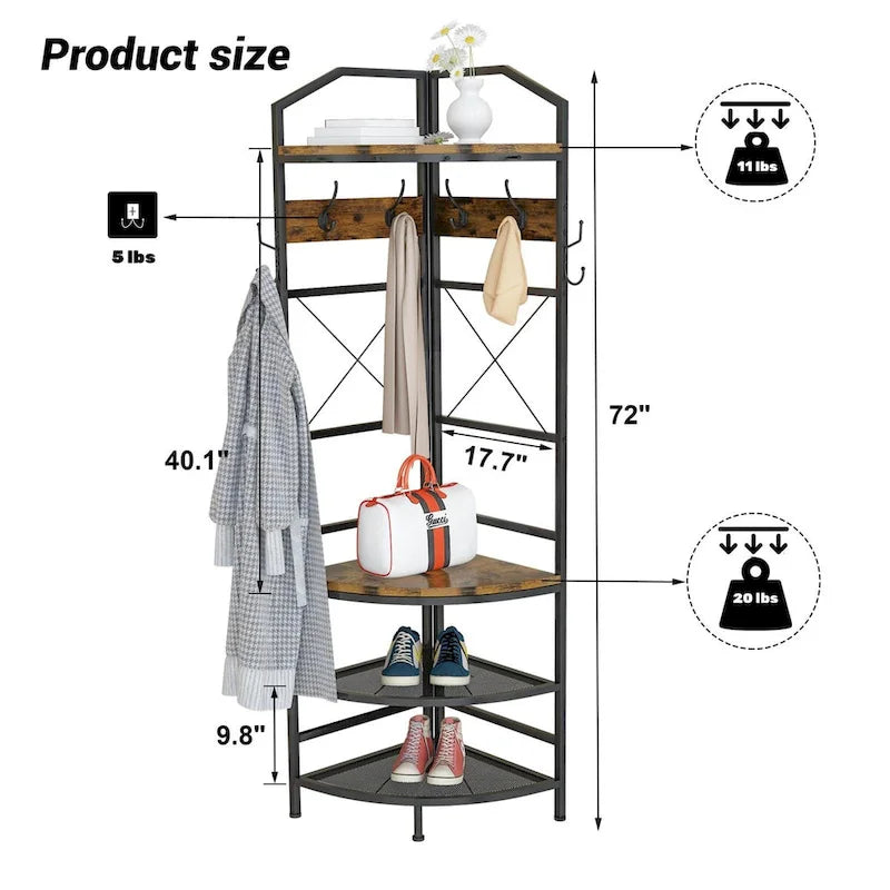 Porte-manteau d'angle avec rangement pour chaussures, porte-manteau d'entrée avec 6 crochets doubles, étagère à chaussures de rangement pour entrée, couloir, chambre
