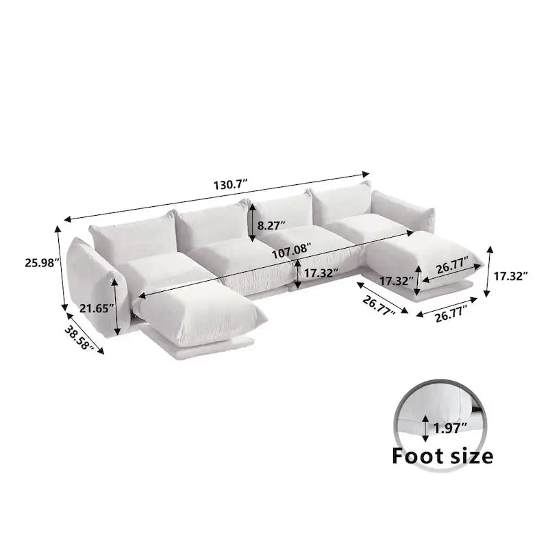 Canapé d'angle en forme de U 130 cm, canapé d'angle modulable minimaliste en chenille 6 places avec méridienne réversible et pouf