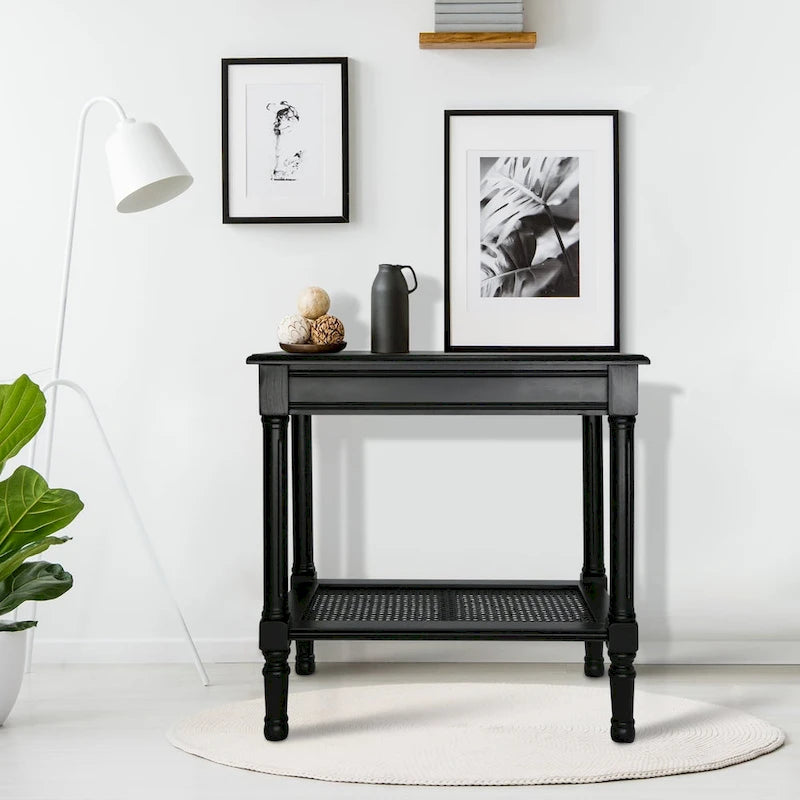 Table d'appoint Reine crème de Copper Grove avec étagère en rotin