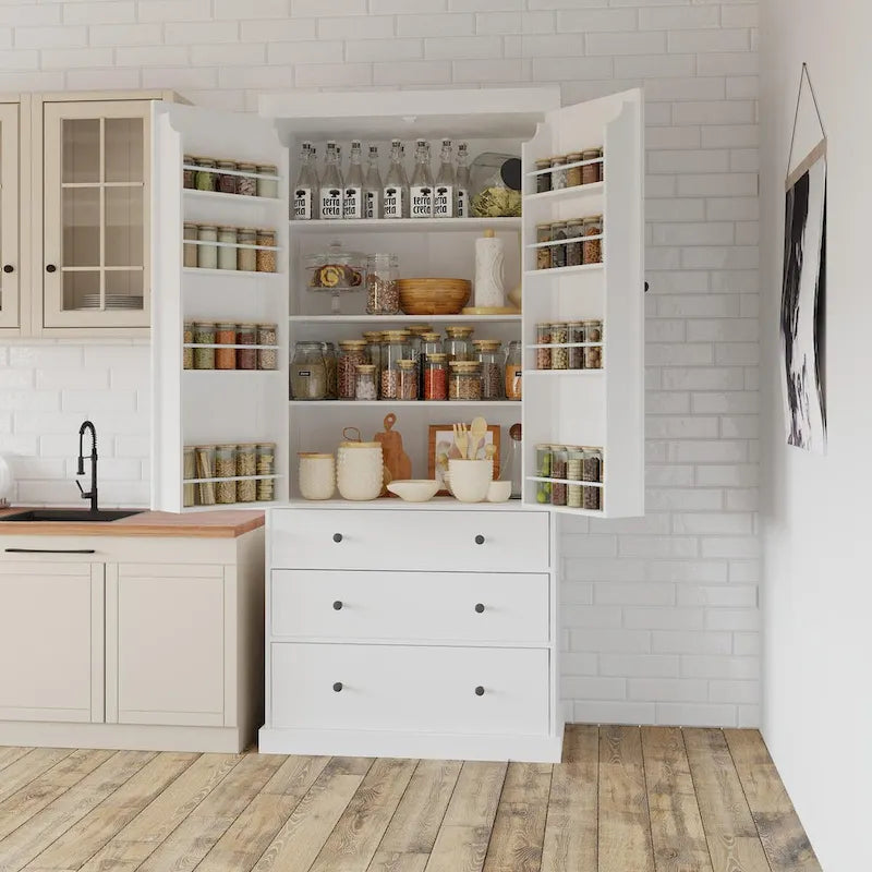 77inch Farmhouse Kitchen Pantry, Freestanding Tall Cupboard Storage Cabinet with 3 Adjustable Shelves, 8 Door Shelves, 3 Drawers