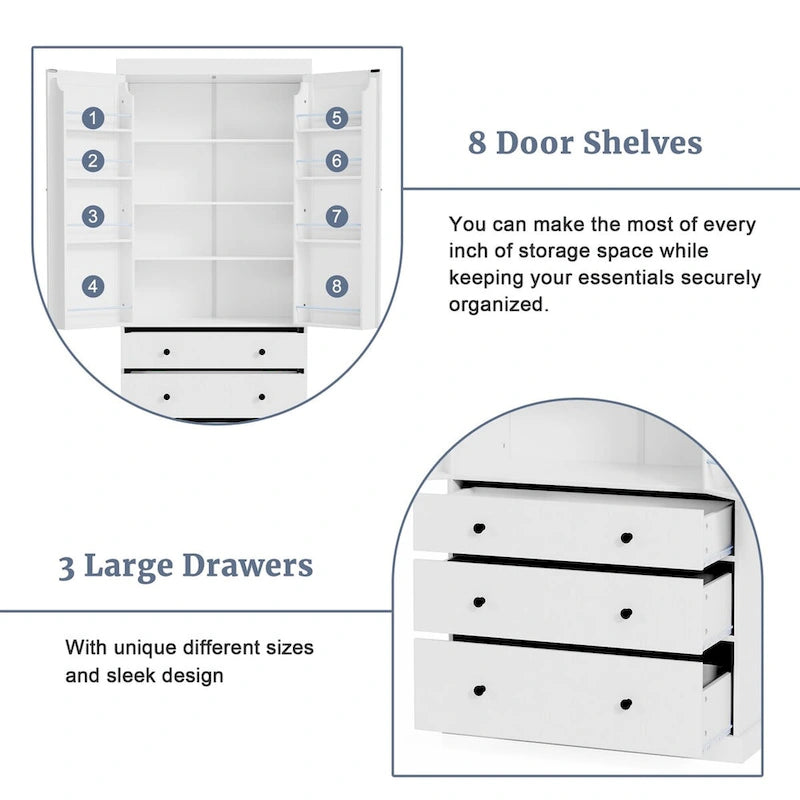 Garde-manger de style campagnard de 77 pouces, armoire de rangement haute autoportante avec 3 étagères réglables, 8 étagères de porte et 3 tiroirs