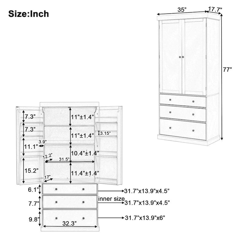Garde-manger de style campagnard de 77 pouces, armoire de rangement haute autoportante avec 3 étagères réglables, 8 étagères de porte et 3 tiroirs