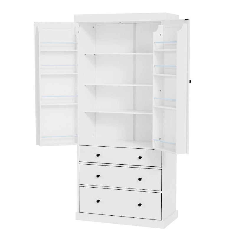 Garde-manger de style campagnard de 77 pouces, armoire de rangement haute autoportante avec 3 étagères réglables, 8 étagères de porte et 3 tiroirs