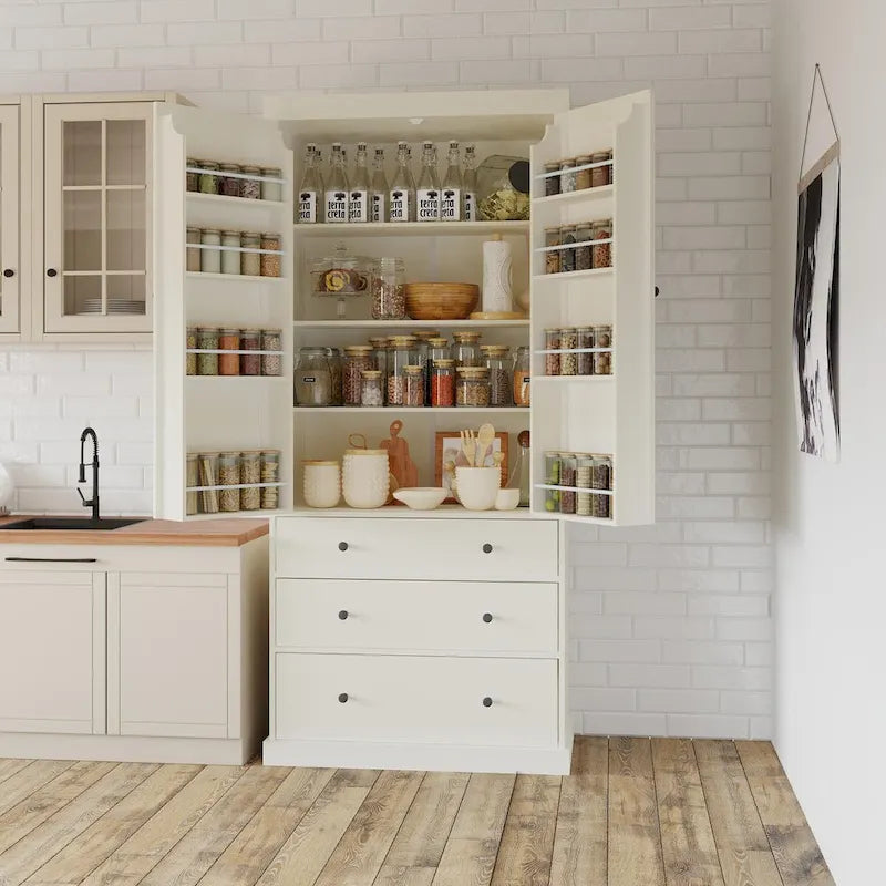 Garde-manger de style campagnard de 77 pouces, armoire de rangement haute autoportante avec 3 étagères réglables, 8 étagères de porte et 3 tiroirs