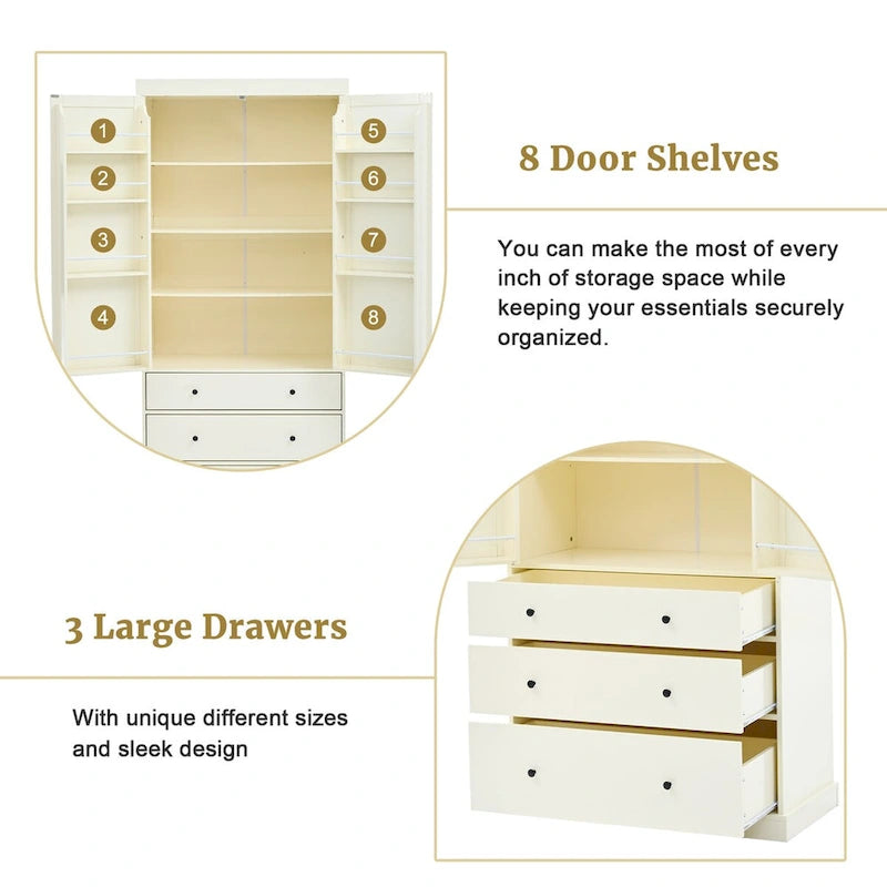 Garde-manger de style campagnard de 77 pouces, armoire de rangement haute autoportante avec 3 étagères réglables, 8 étagères de porte et 3 tiroirs