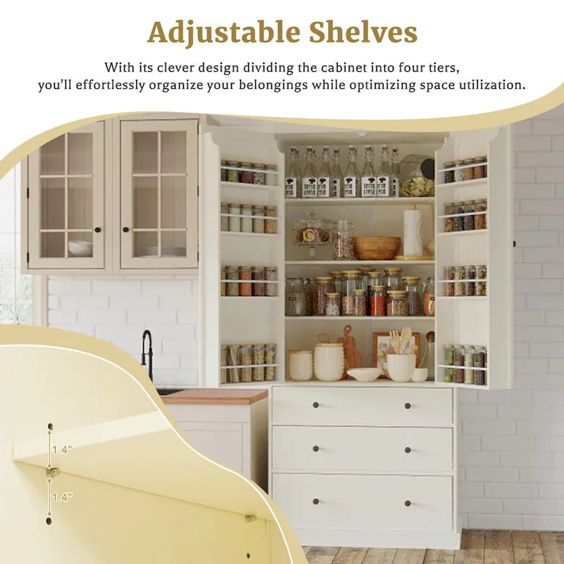 Garde-manger de style campagnard de 77 pouces, armoire de rangement haute autoportante avec 3 étagères réglables, 8 étagères de porte et 3 tiroirs