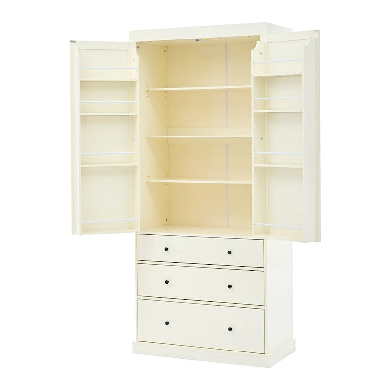 Garde-manger de style campagnard de 77 pouces, armoire de rangement haute autoportante avec 3 étagères réglables, 8 étagères de porte et 3 tiroirs