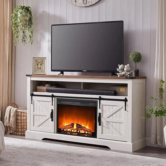 Meuble TV style ferme avec cheminée, centre multimédia, console multimédia