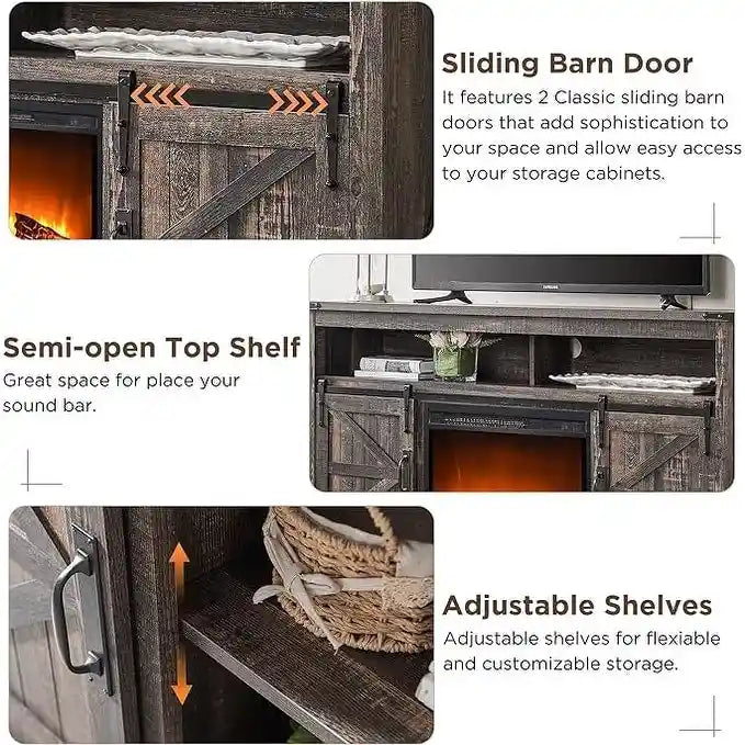 Meuble TV style ferme avec cheminée, centre multimédia, console multimédia