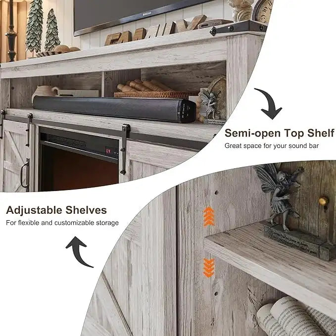 Meuble TV style ferme avec cheminée, centre multimédia, console multimédia