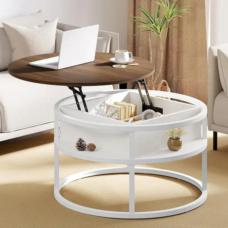 Table basse ronde Moasis Farmhouse avec plateau relevable, rangement dissimulé et étagère